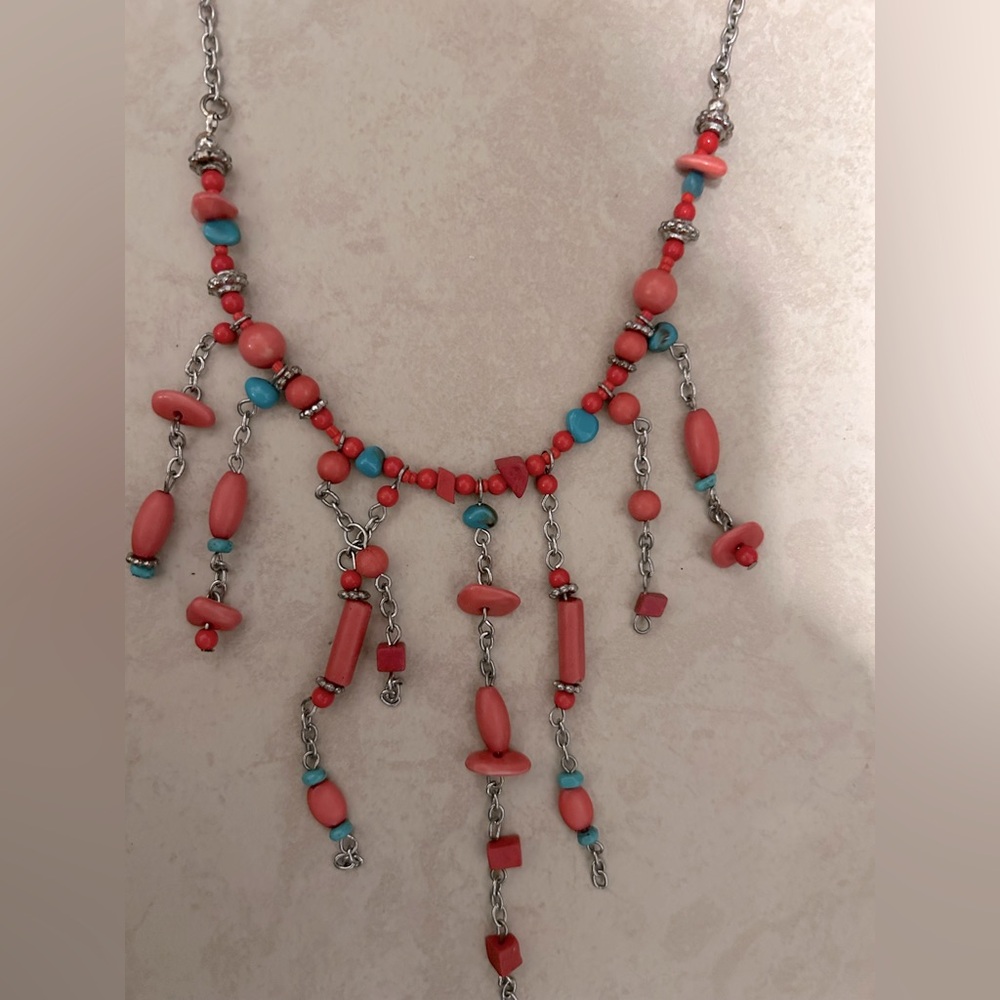Chinese Turquoise And pink coral bib.necklace